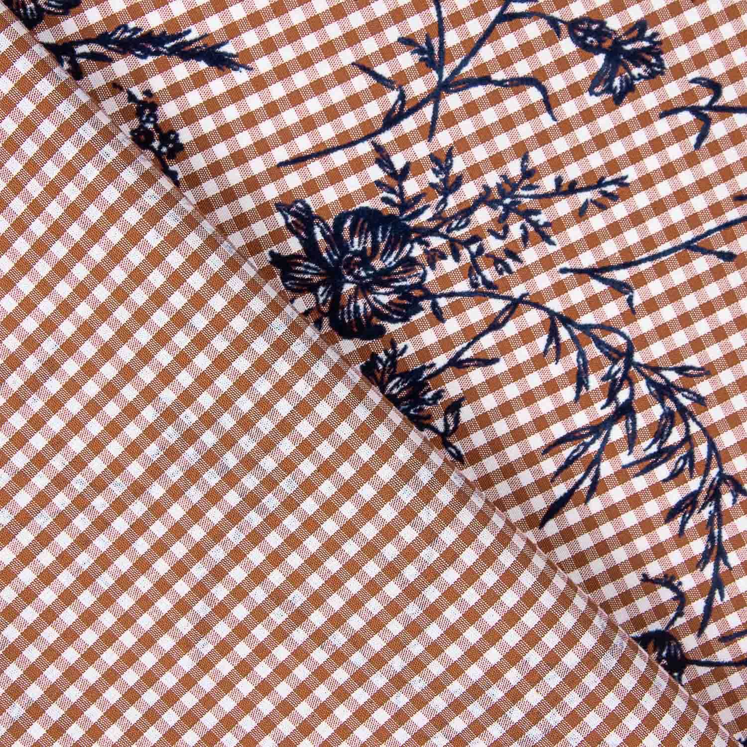Vichy Algodón Teja Flocado Floral Marino - Ribes y Casals
