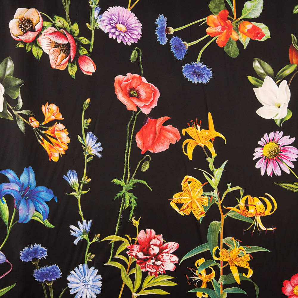 Satén Estampado Multi Flor Negro - Ribes y Casals