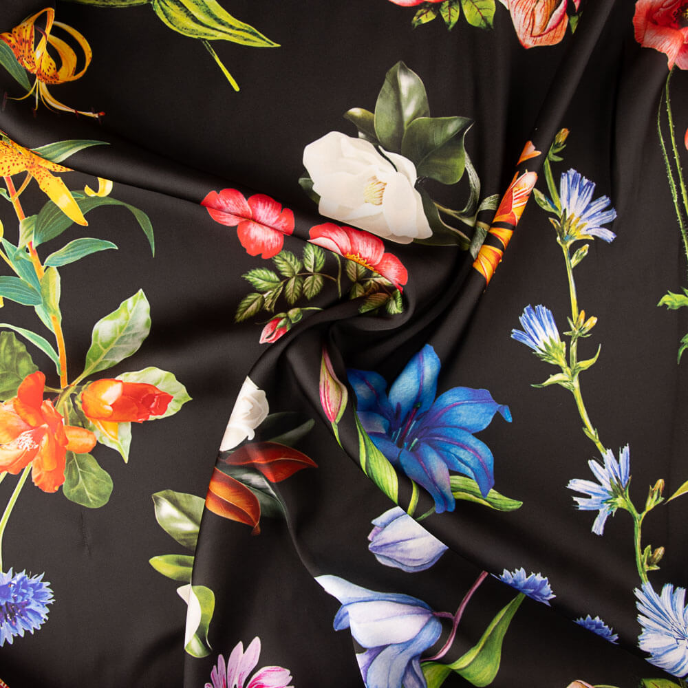 Satén Estampado Multi Flor Negro - Ribes y Casals