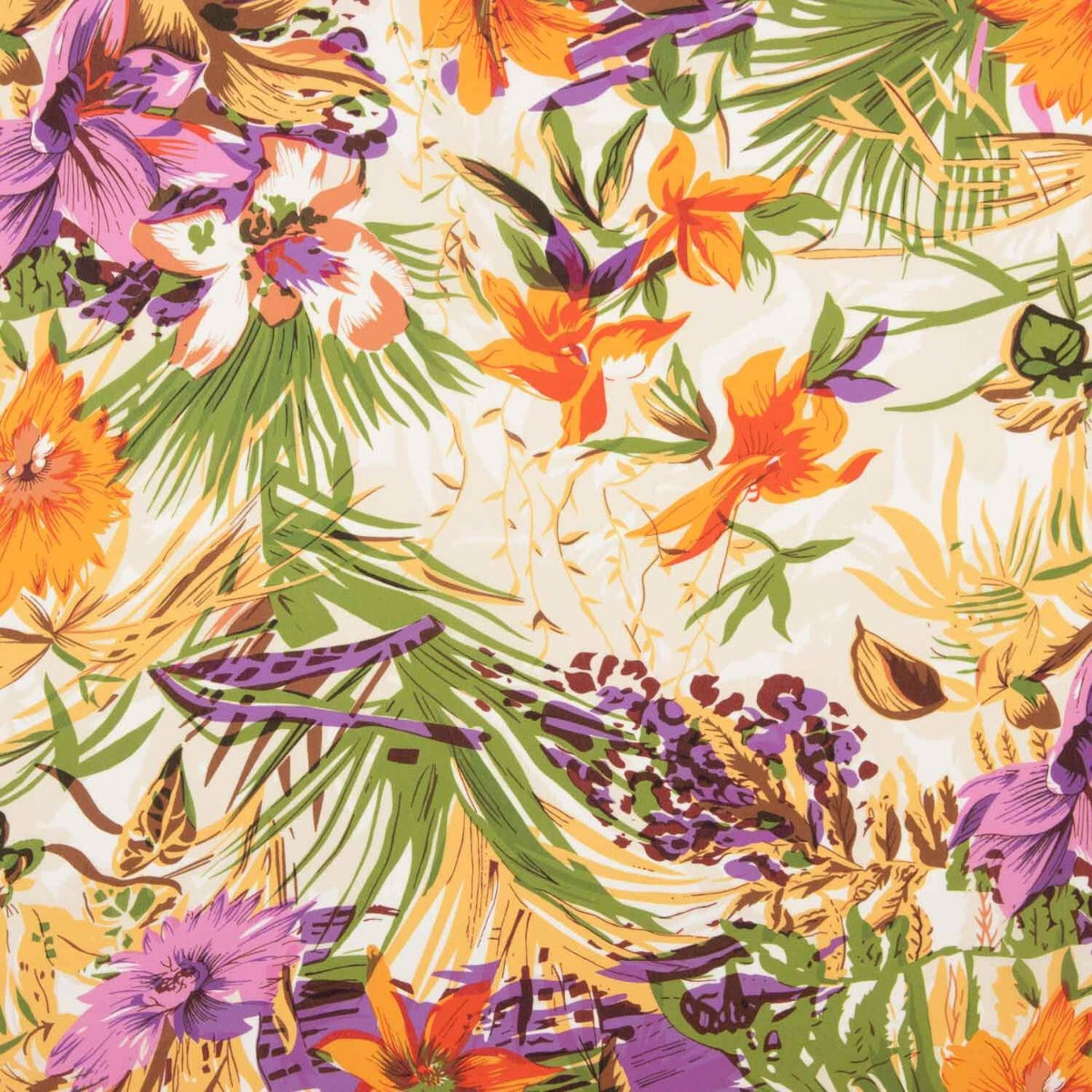 Crêpe Ligero Estampado Tropical Naranja Lila - Ribes y Casals