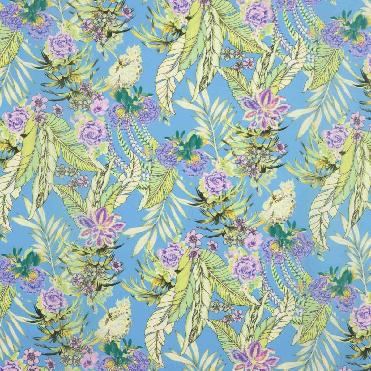 Crêpe Ligero Estampado Tropical Azul Lavanda - Ribes y Casals
