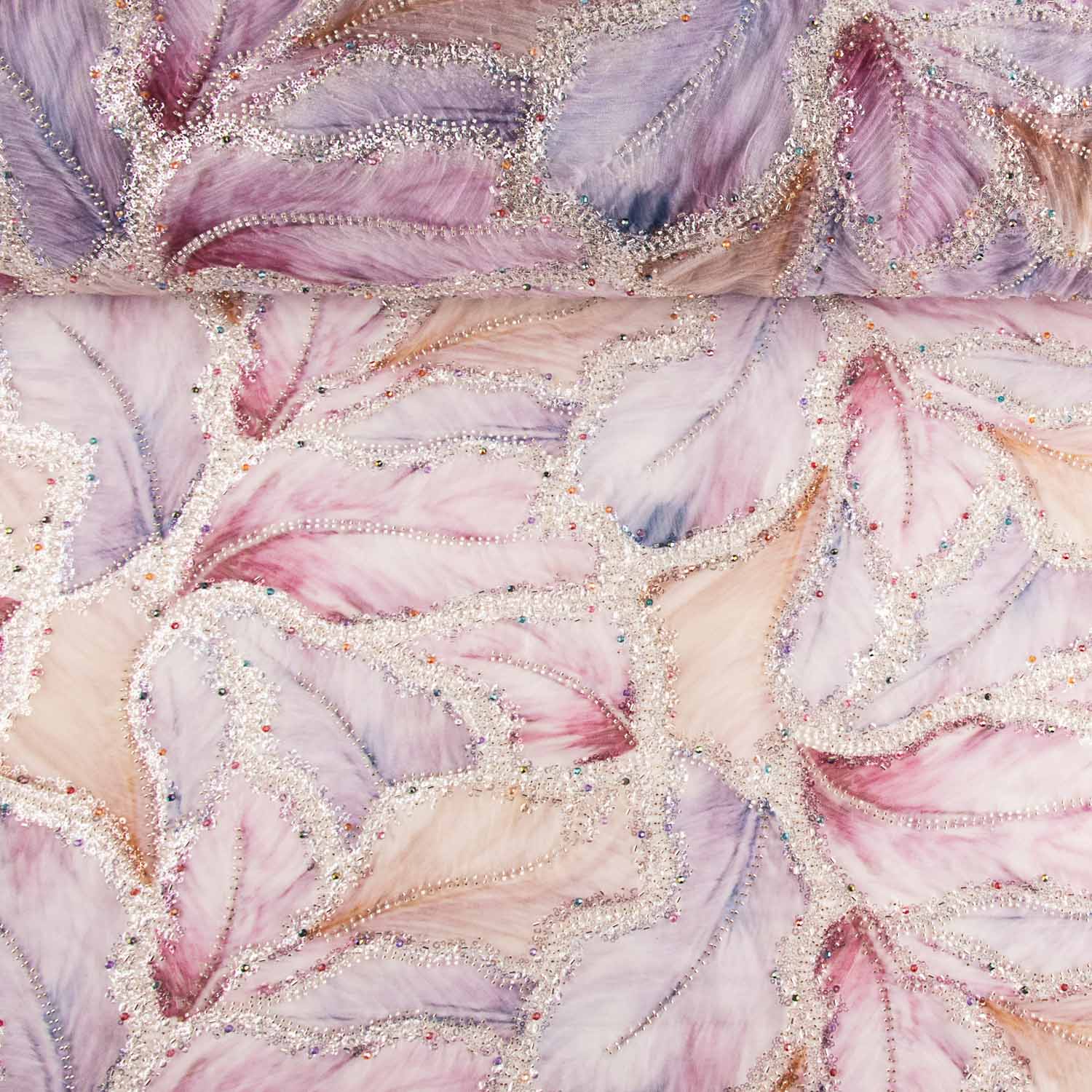 Pedrería Tul Blanco Hojas Multicolor Elegante - Ribes y Casals