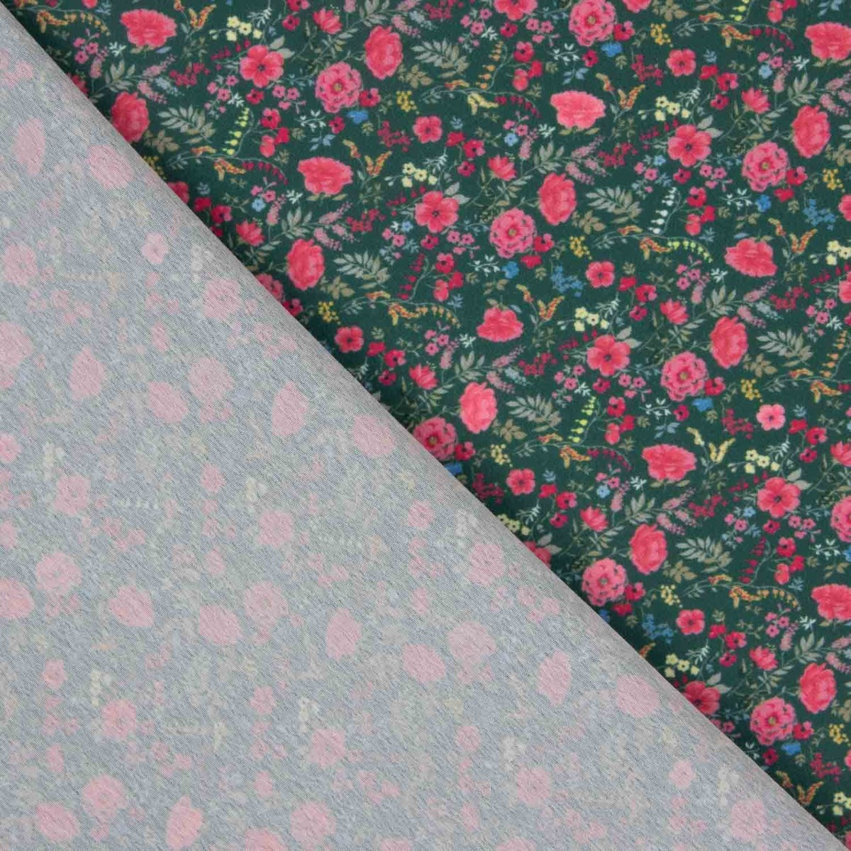 Crêpe Ligero Estampado Floral Mini Fucsia sobre Verde Oscuro - Ribes y Casals