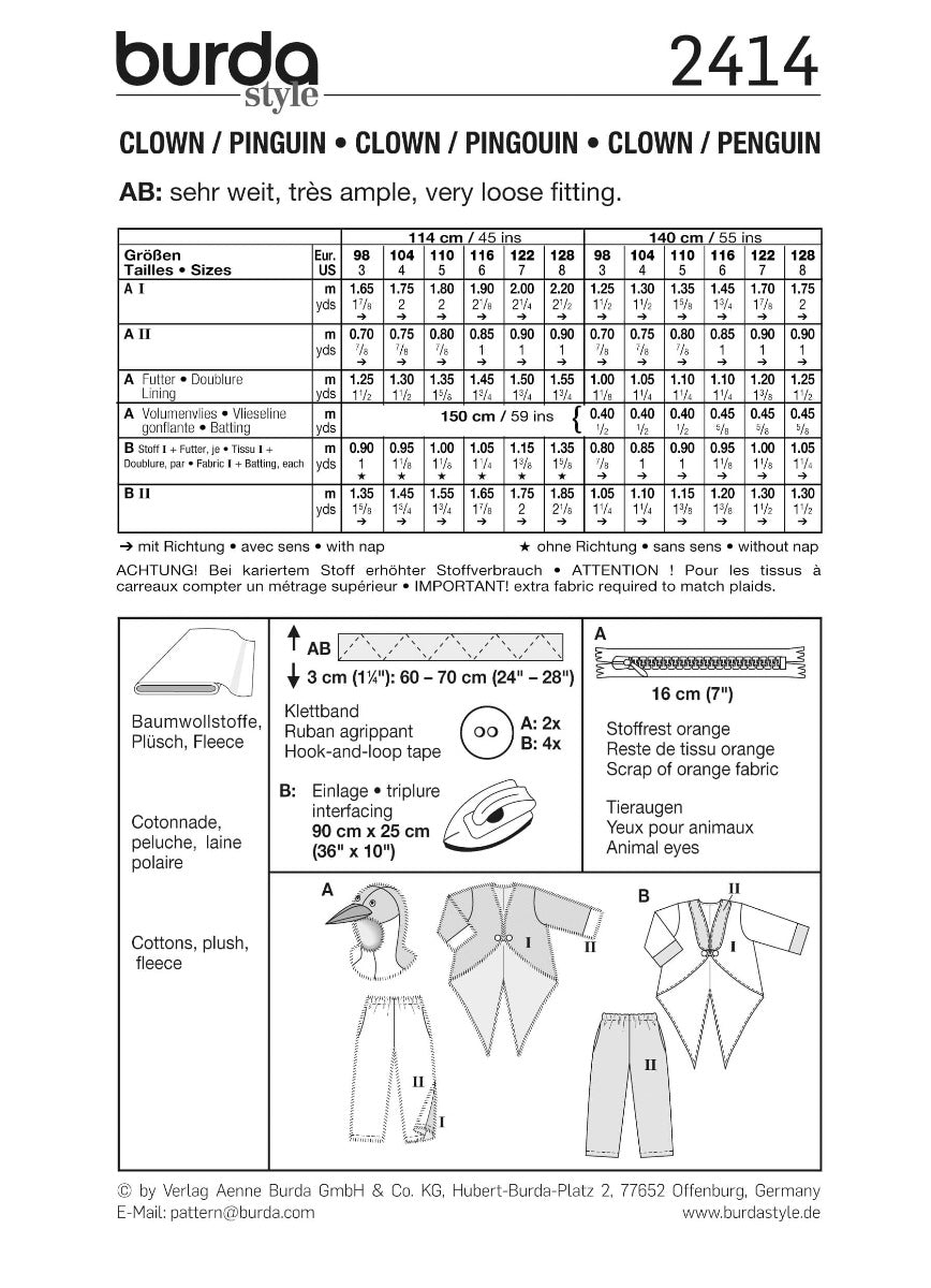 Patrón Burda 2414 Payaso y Pingüino Infantil - Ribes y Casals