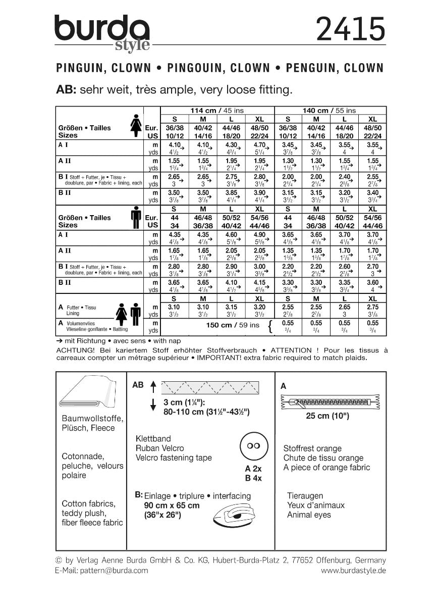 Patrón Burda 2415 Pingüino y Payaso - Ribes y Casals