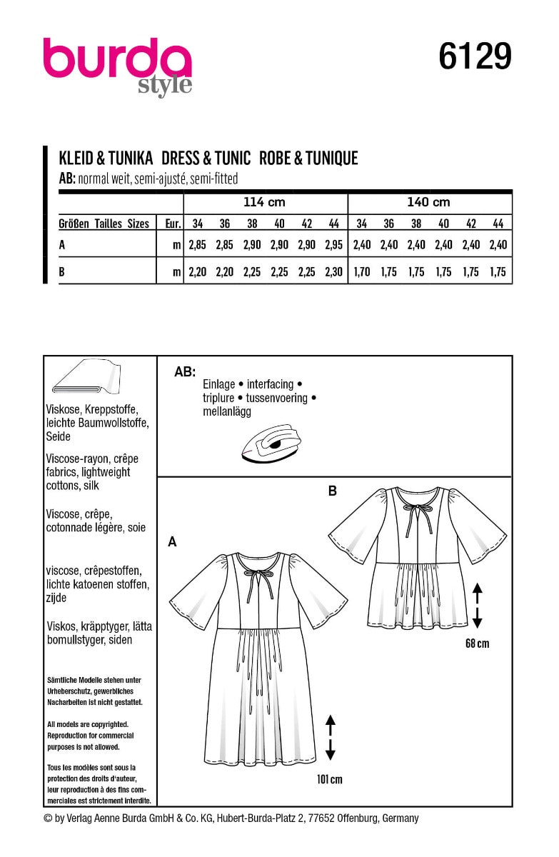 Patrón Burda 6129 Vestido y Túnica - Ribes y Casals