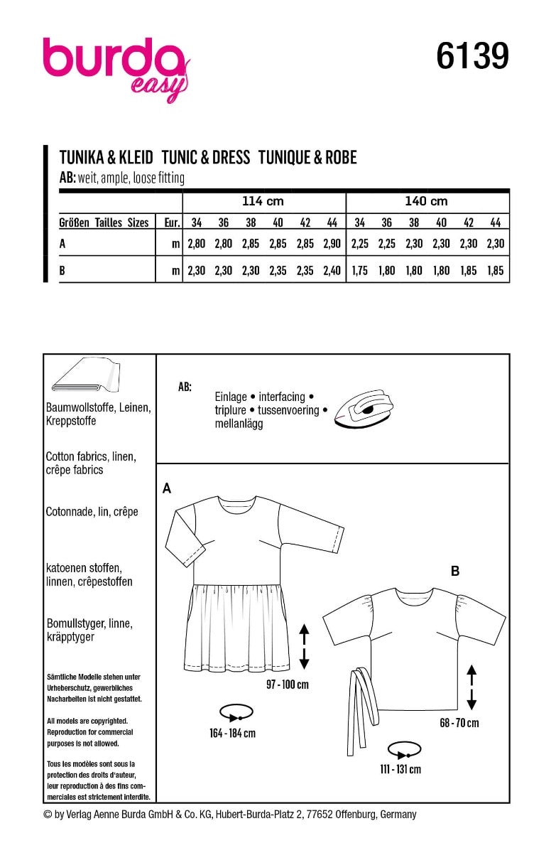 Patrón Burda 6139 Vestido y Túnica - Ribes y Casals