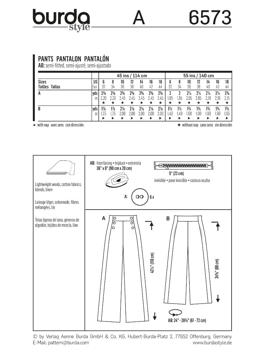 Patrón Burda 6573 Pantalón - Ribes y Casals