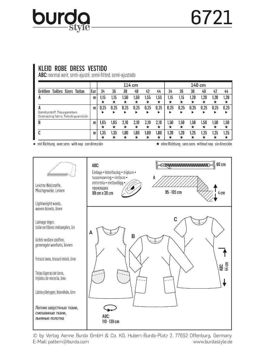 Patrón Burda 6721 Vestido - Ribes y Casals