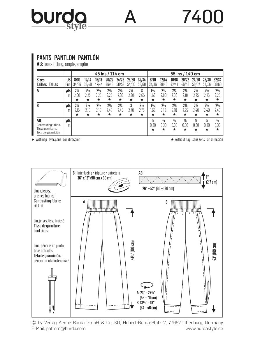Patrón Burda 7400 Pantalón - Ribes y Casals