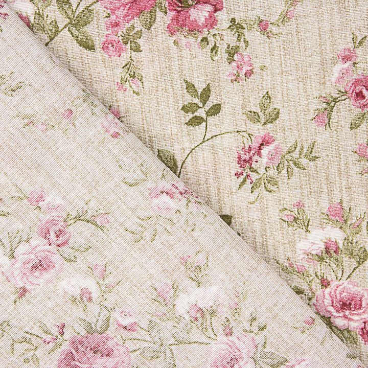 Loneta Estampada Rosas Rosa Fondo Efecto Lino - Ribes y Casals