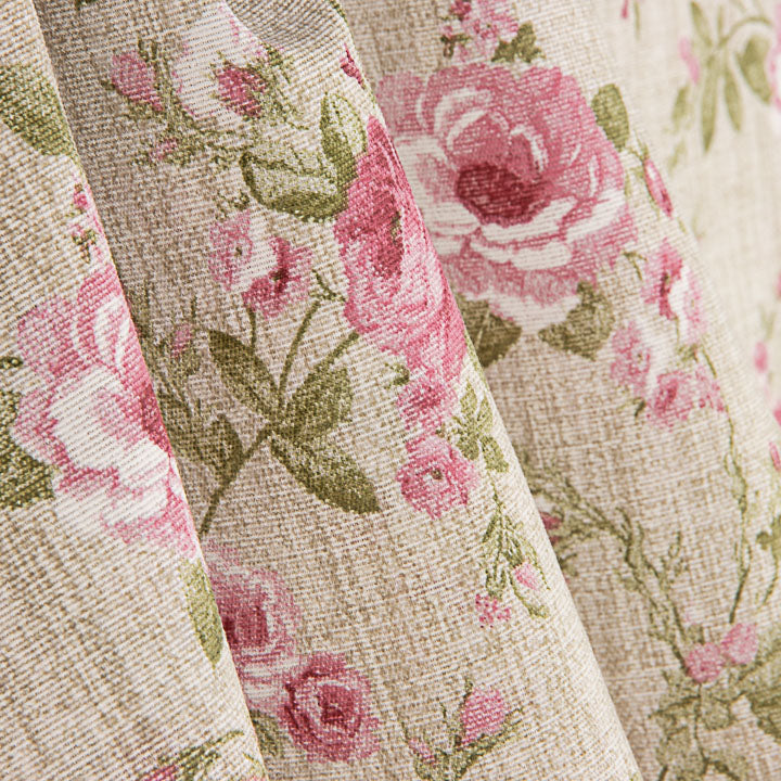 Loneta Estampada Rosas Rosa Fondo Efecto Lino - Ribes y Casals