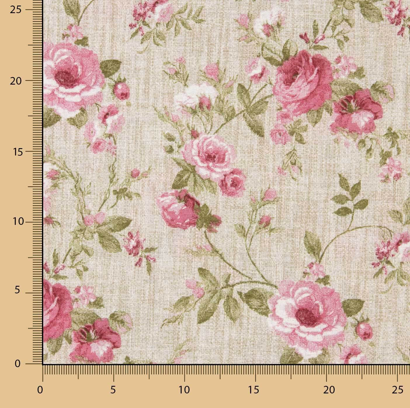 Loneta Estampada Rosas Rosa Fondo Efecto Lino - Ribes y Casals