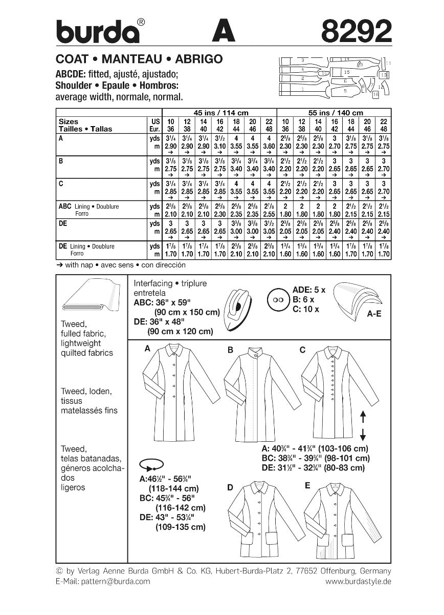 Patrón Burda 8292 Abrigo - Ribes y Casals