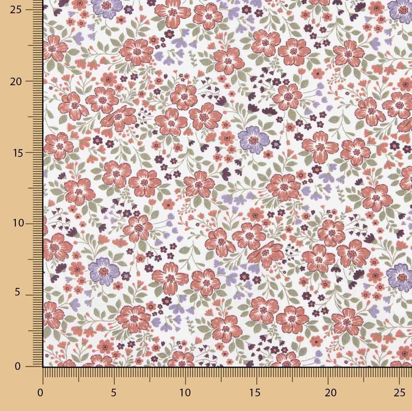 Popelín Algodón Estampado Flor Lila y Teja - Ribes y Casals