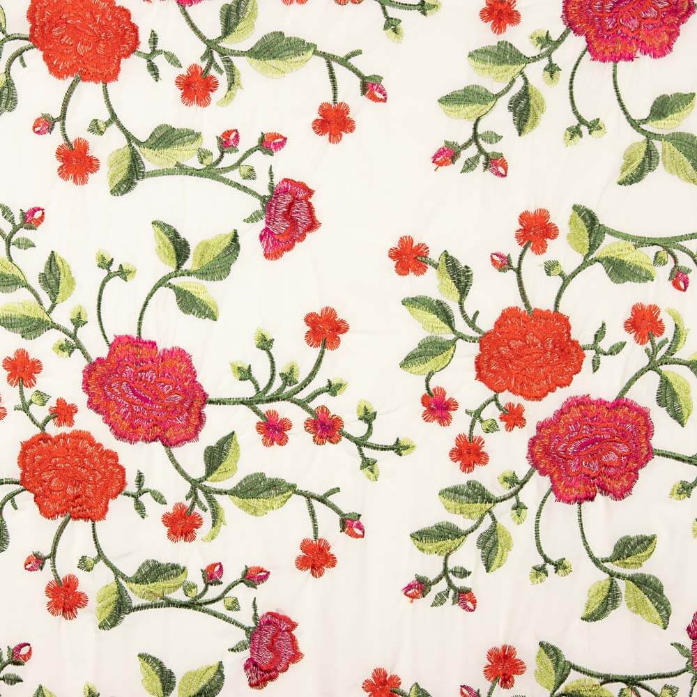 Mantón Bordado Rosa Roja Tencel Blanco Natural - Ribes y Casals