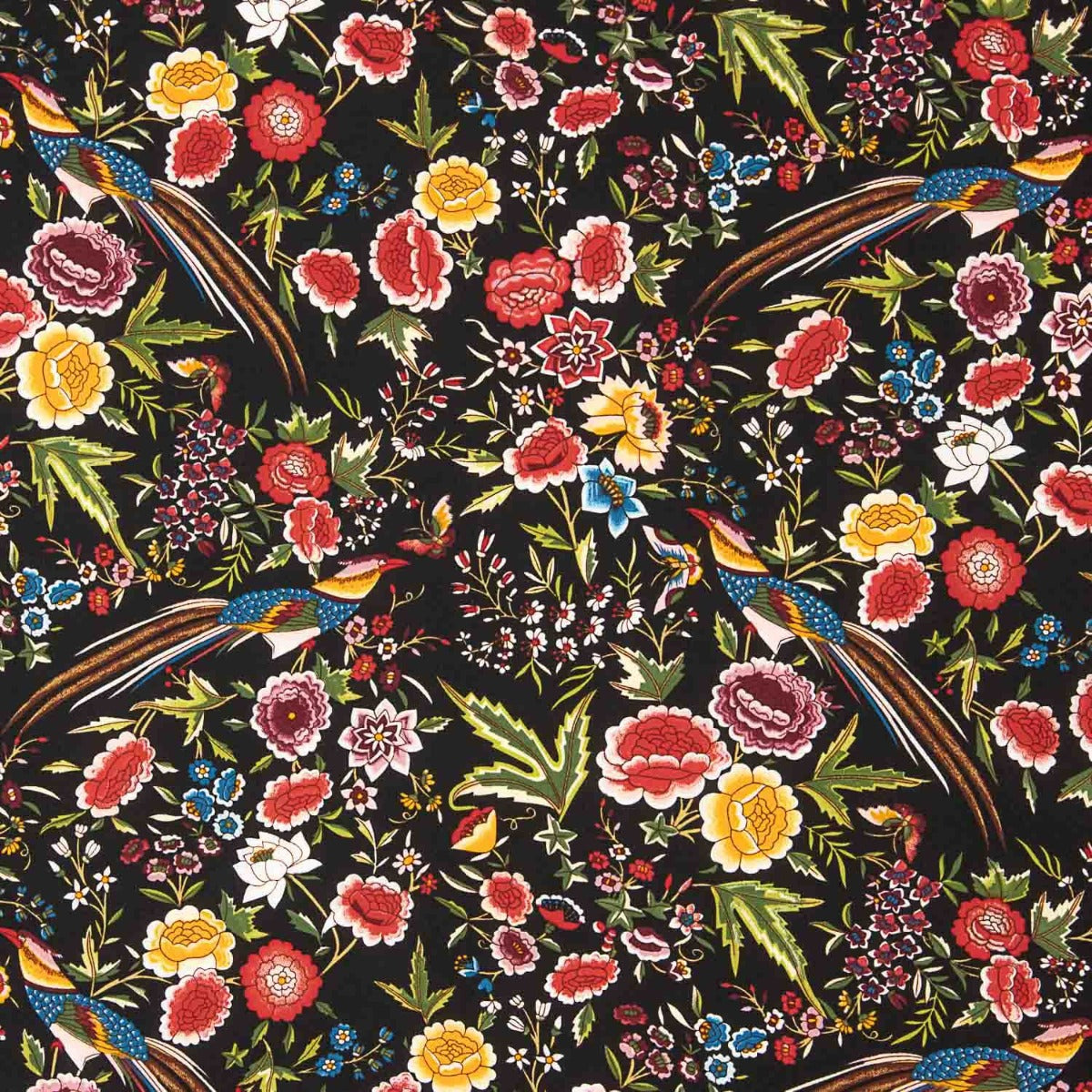 Crep Poliéster Mucha Caída Estampado Mantón Colibrí Negro - Ribes y Casals