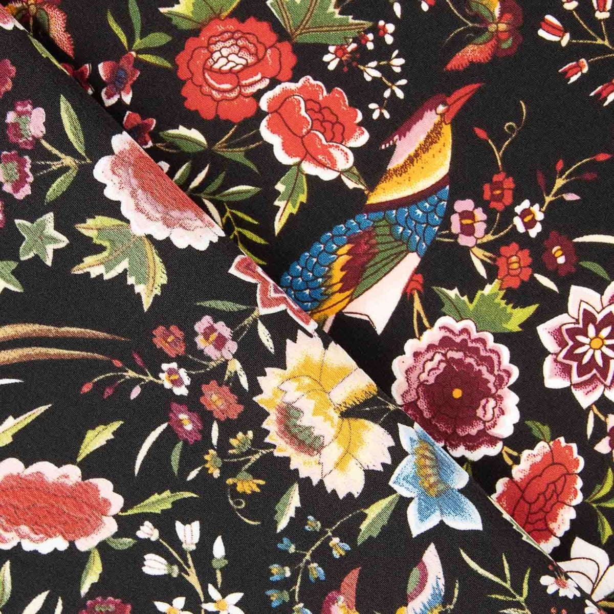 Crep Poliéster Mucha Caída Estampado Mantón Colibrí Negro - Ribes y Casals