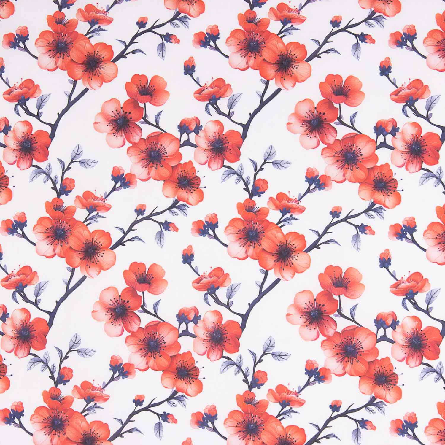 Popelín Algodón Estampado Ramas Sakura Coral - Ribes y Casals