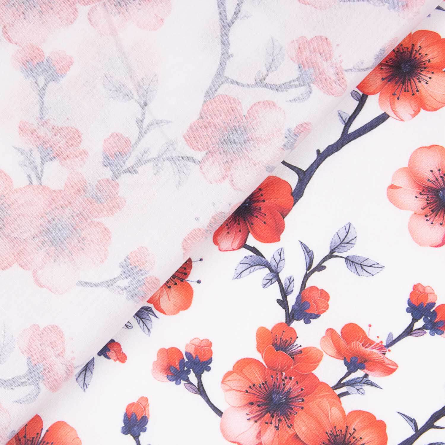 Popelín Algodón Estampado Ramas Sakura Coral - Ribes y Casals