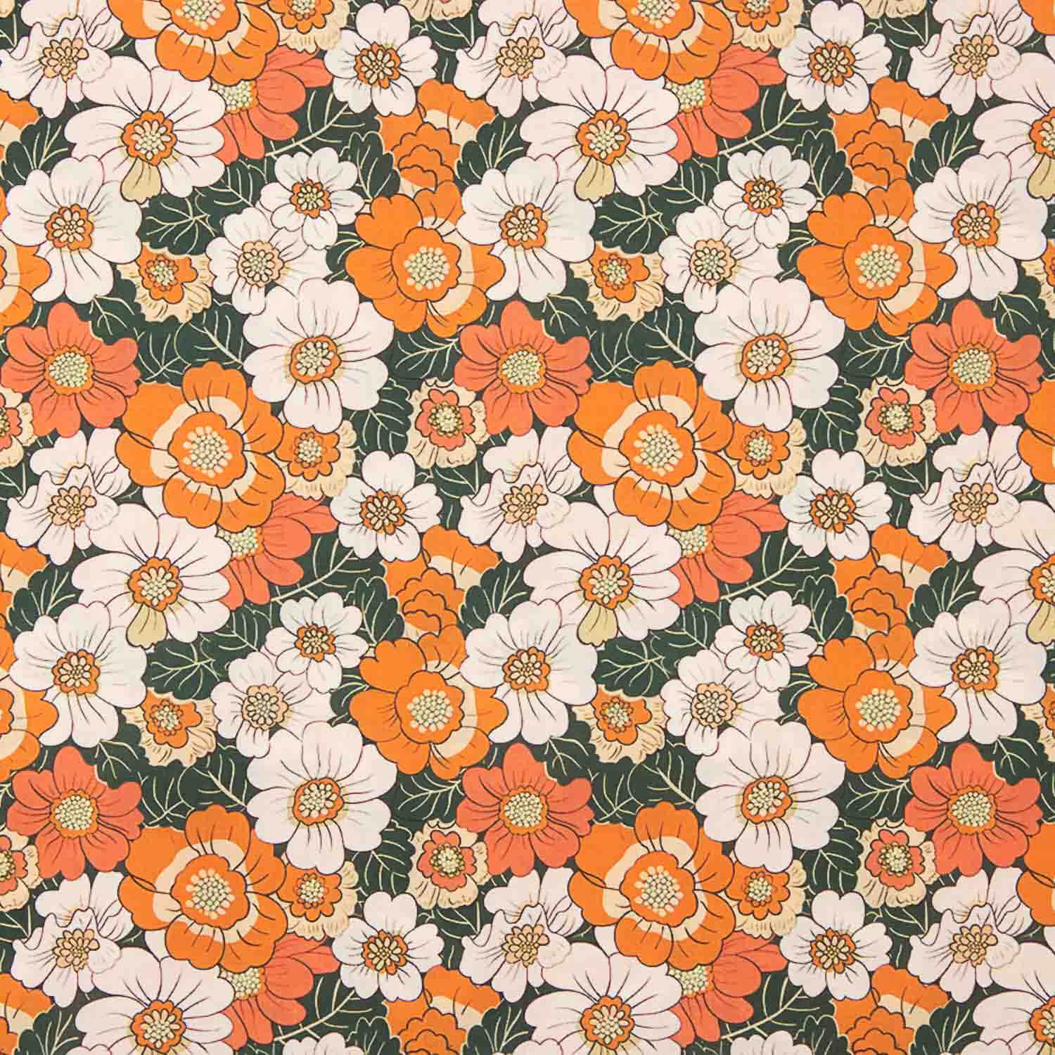 Popelín Algodón Estampado Flores Retro Naranja - Ribes y Casals