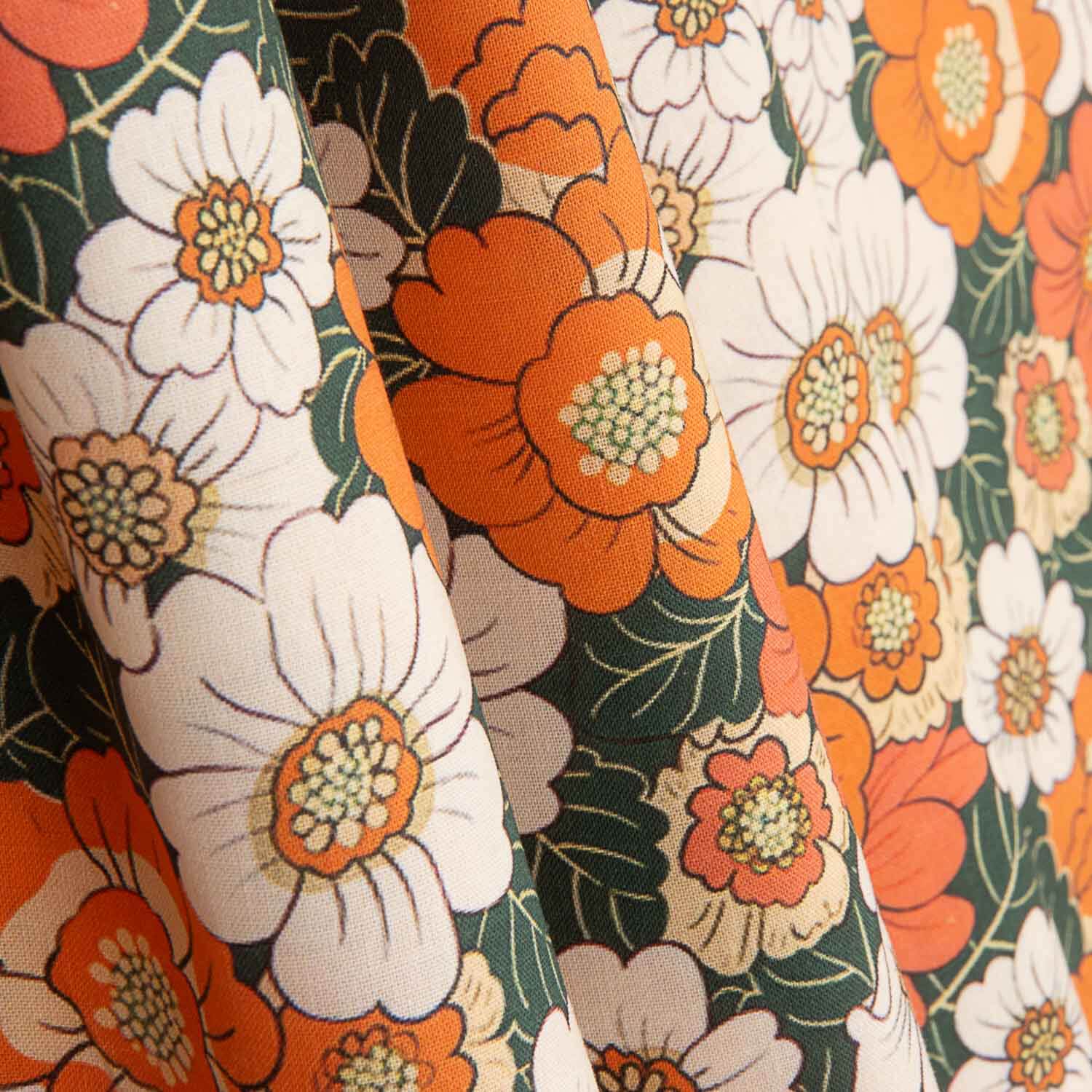Popelín Algodón Estampado Flores Retro Naranja - Ribes y Casals