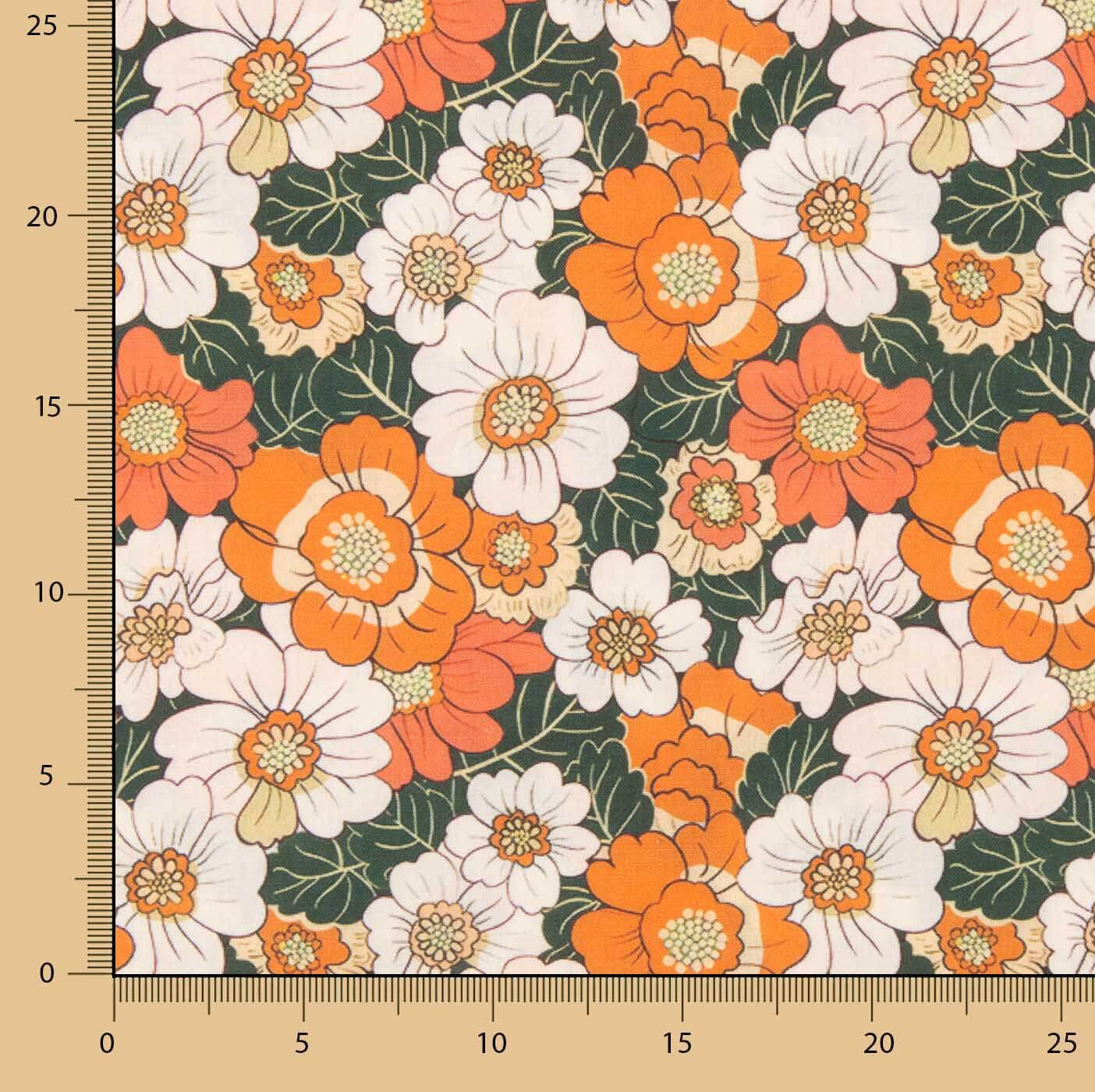 Popelín Algodón Estampado Flores Retro Naranja - Ribes y Casals