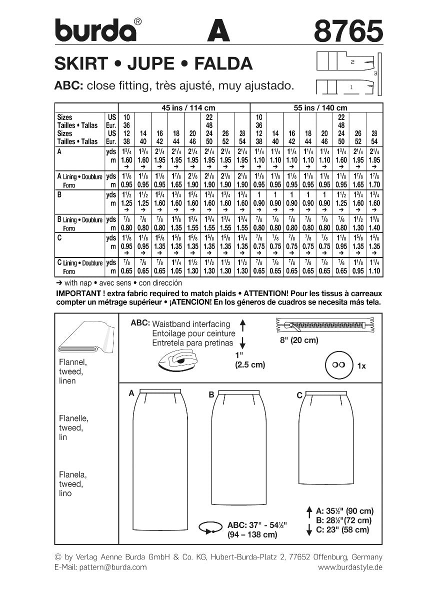 Patrón Burda 8765 Falda - Ribes y Casals