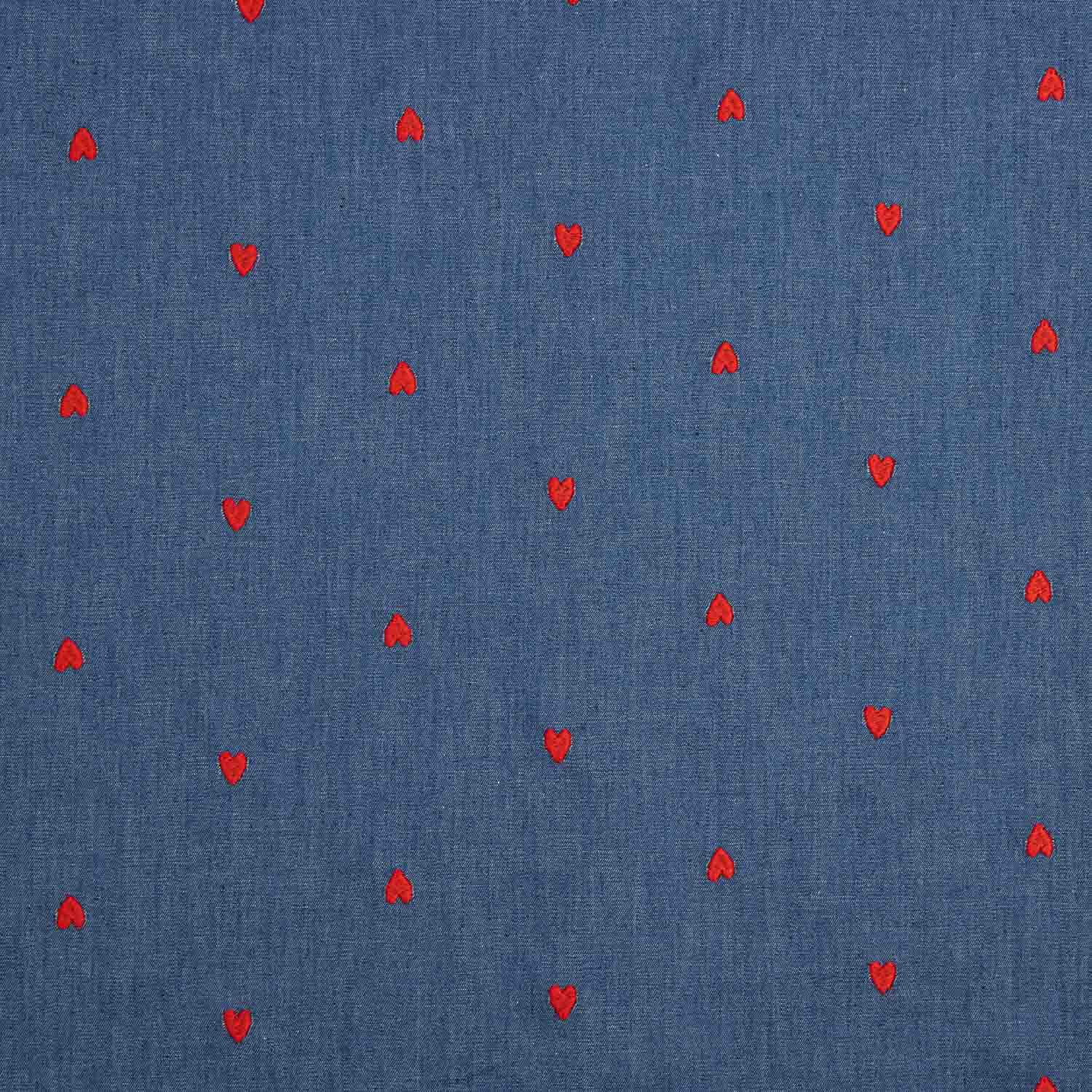 Denim Algodón Bordado Corazones Rojos - Ribes y Casals
