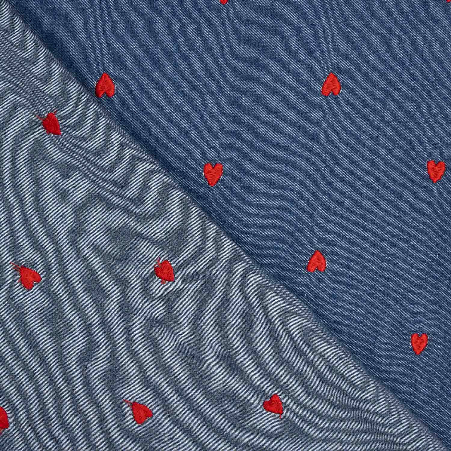 Denim Algodón Bordado Corazones Rojos - Ribes y Casals