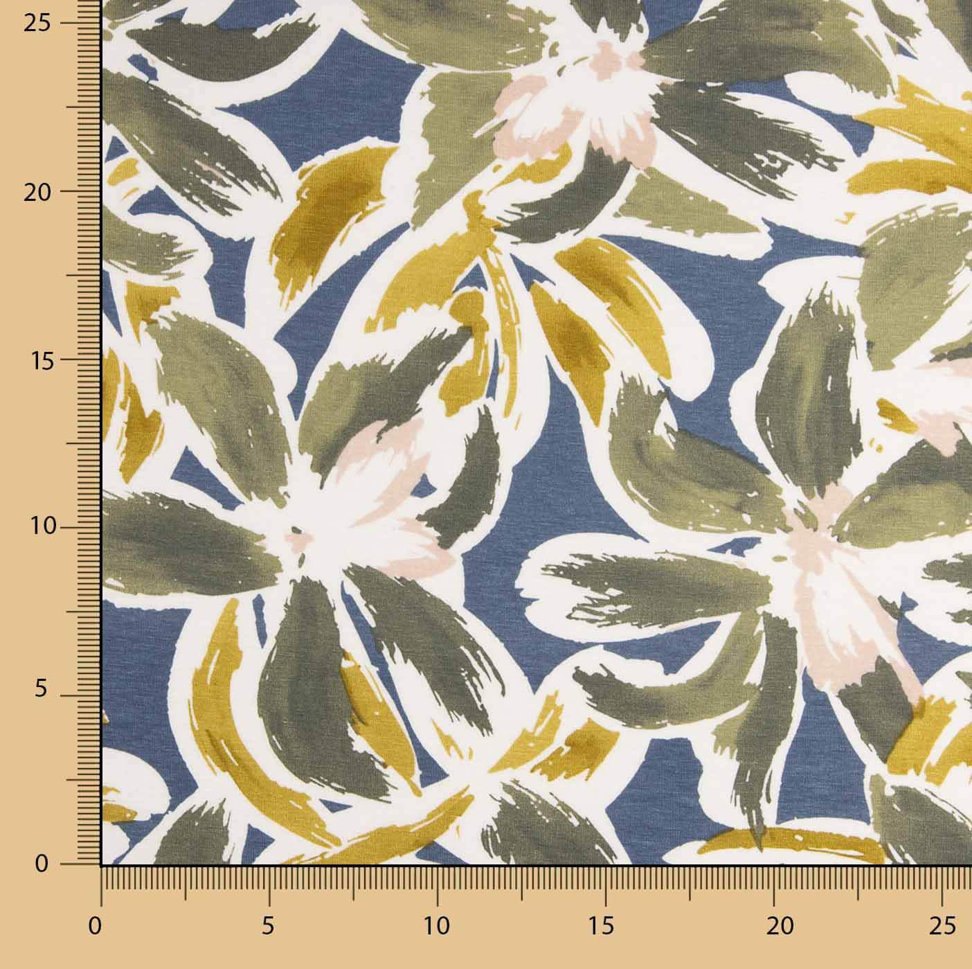 Punto Viscosa Estampada Floral Azul y Mostaza - Ribes y Casals