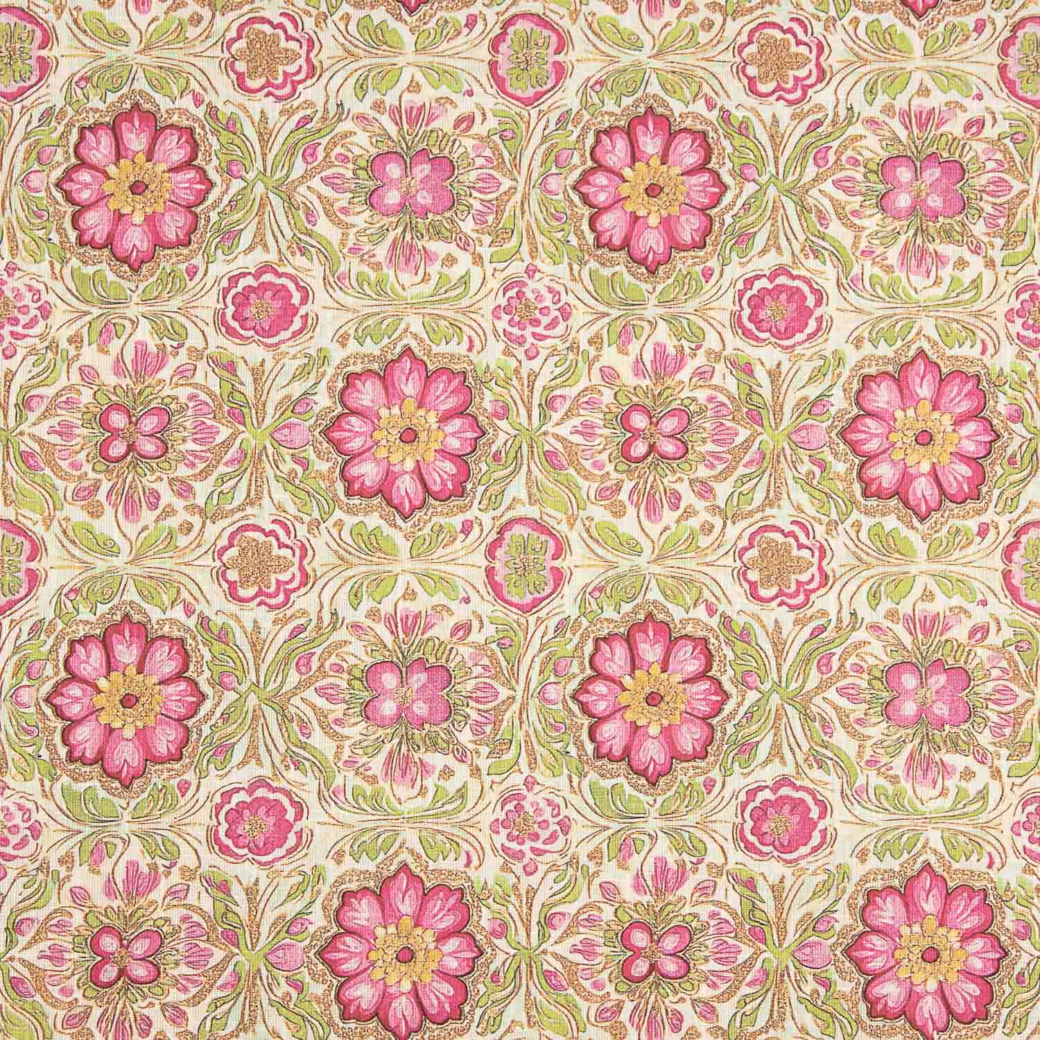 Loneta Algodón Flores Rosas Fondo Verde - Ribes y Casals