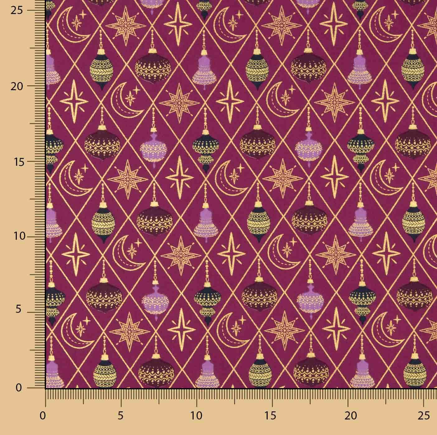Popelín Navidad Bolas y Estrellas Granate - Ribes y Casals