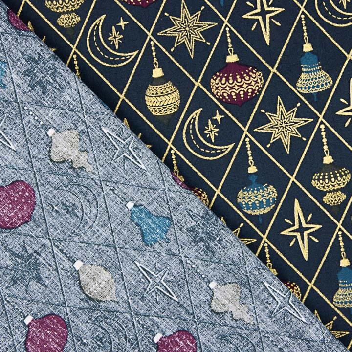 Popelín Navidad Bolas y Estrellas Azul Marino - Ribes y Casals