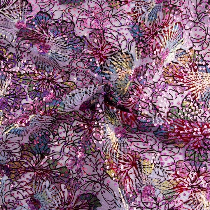 Tul Flocado Bordado con Lentejuelas Jardín Morado - Ribes y Casals