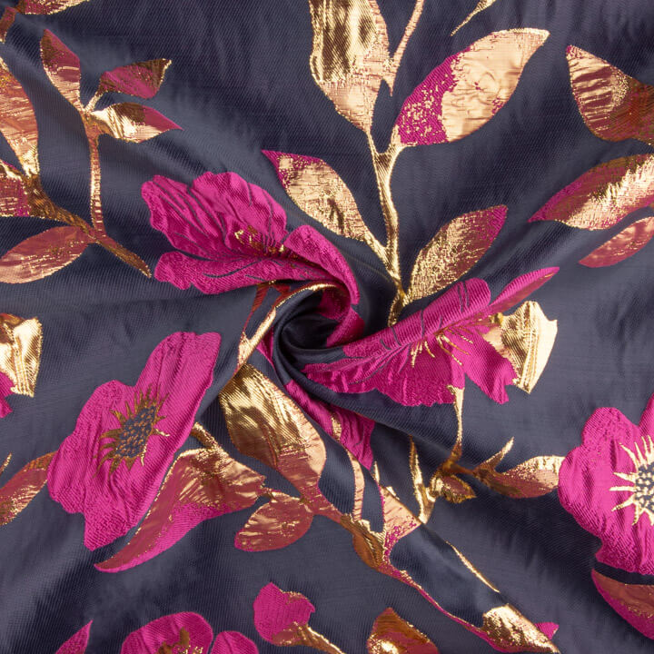 Brocado Fantasía Magnolia Azul, Fucsia y Dorado - Ribes y Casals