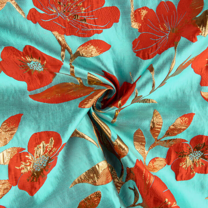 Brocado Fantasía Magnolia Turquesa, Rojo y Dorado - Ribes y Casals