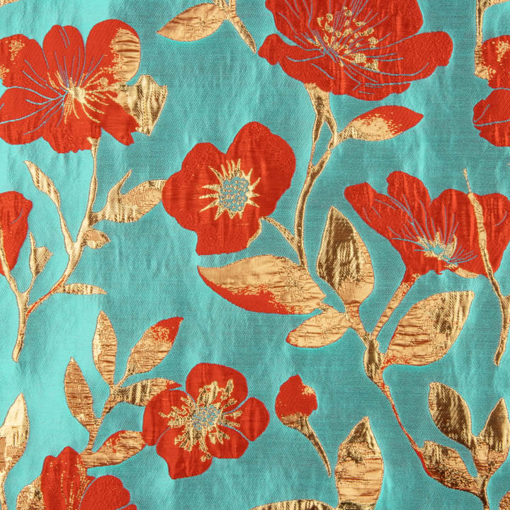Brocado Fantasía Magnolia Turquesa, Rojo y Dorado - Ribes y Casals