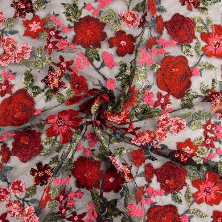 Tul Bordado Flores con Lentejuelas Carmen Rojo y Negro - Ribes y Casals