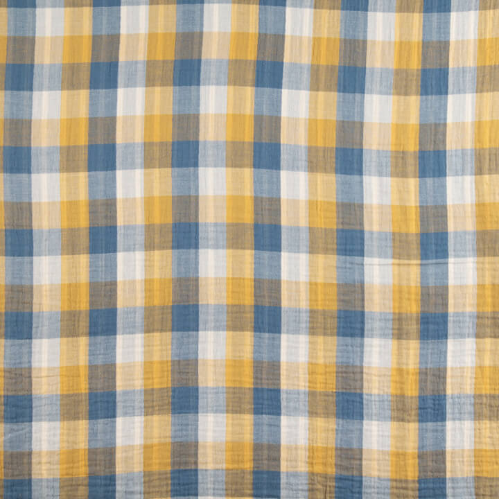 Bámbula Doble Gasa Reversible Cuadros y Rayas Azul Mostaza - Ribes y Casals