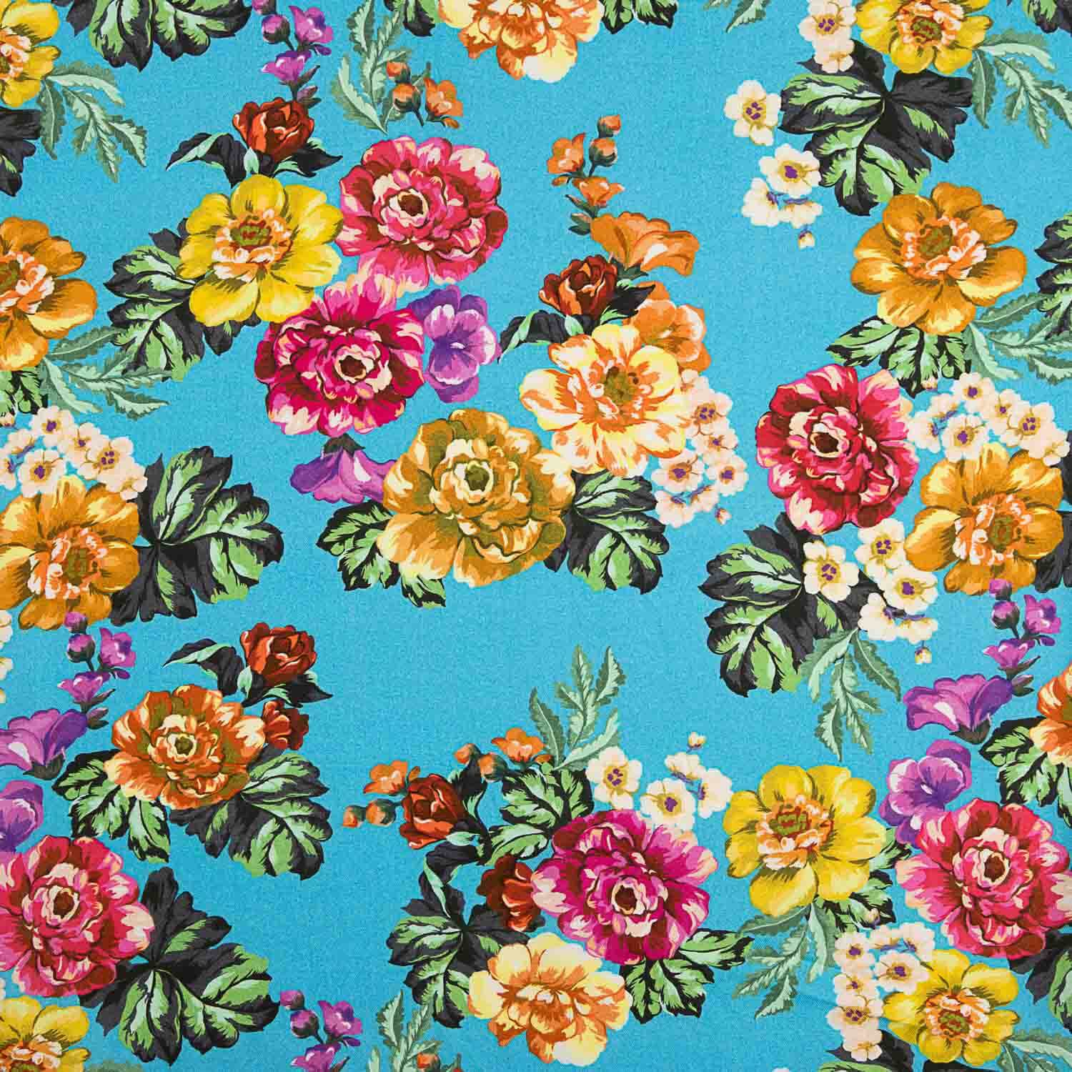 Viscosa Estampada Flores Jardín Turquesa - Ribes y Casals