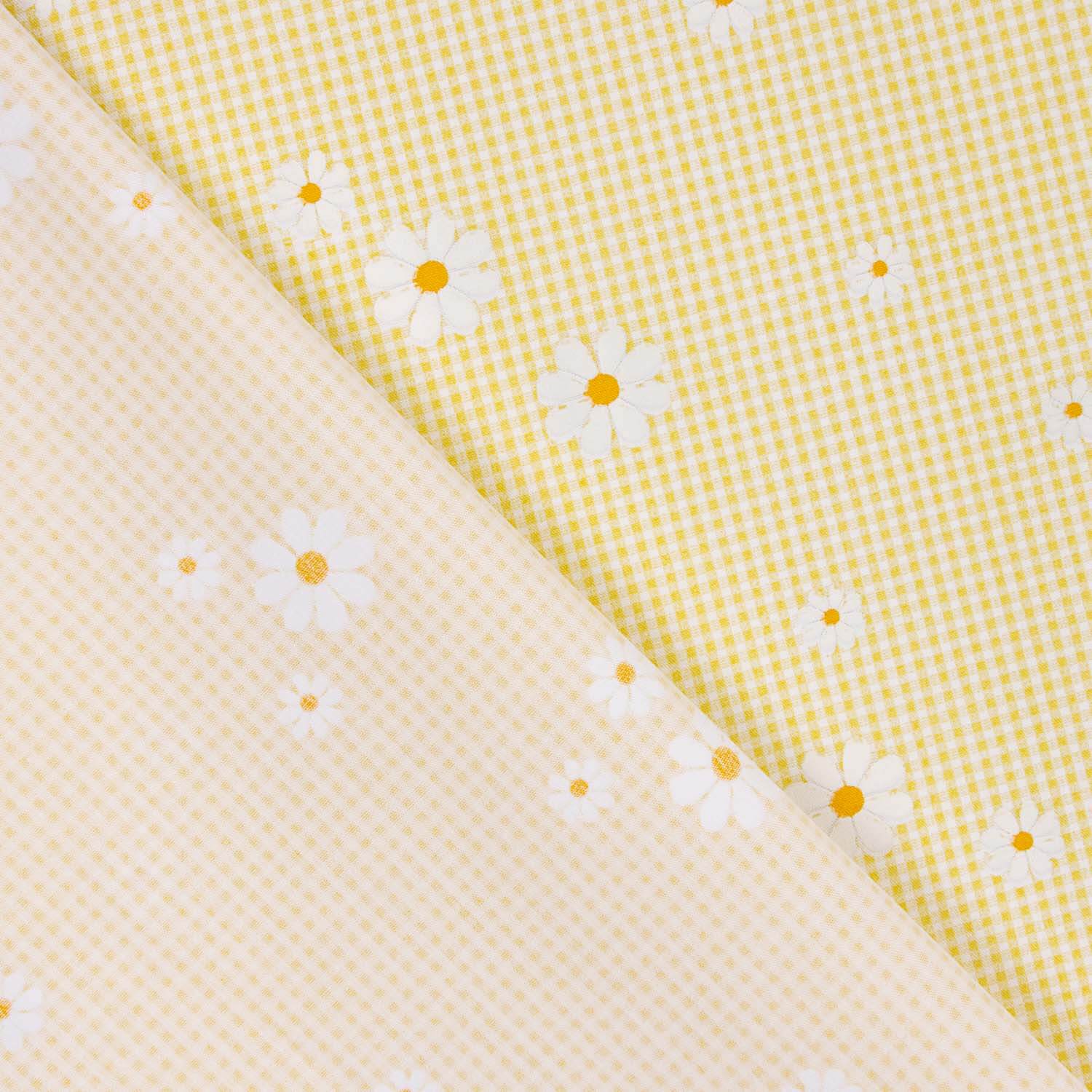 Popelín Algodón Orgánico Estampado Vichy y Margaritas Amarilla - Ribes y Casals