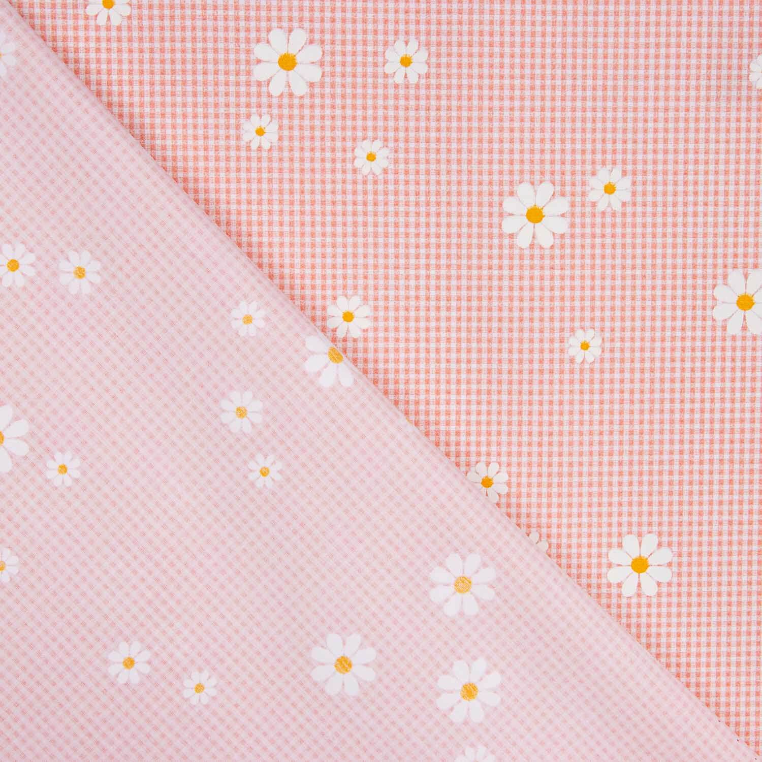Popelín Algodón Orgánico Estampado Vichy y Margaritas Coral - Ribes y Casals