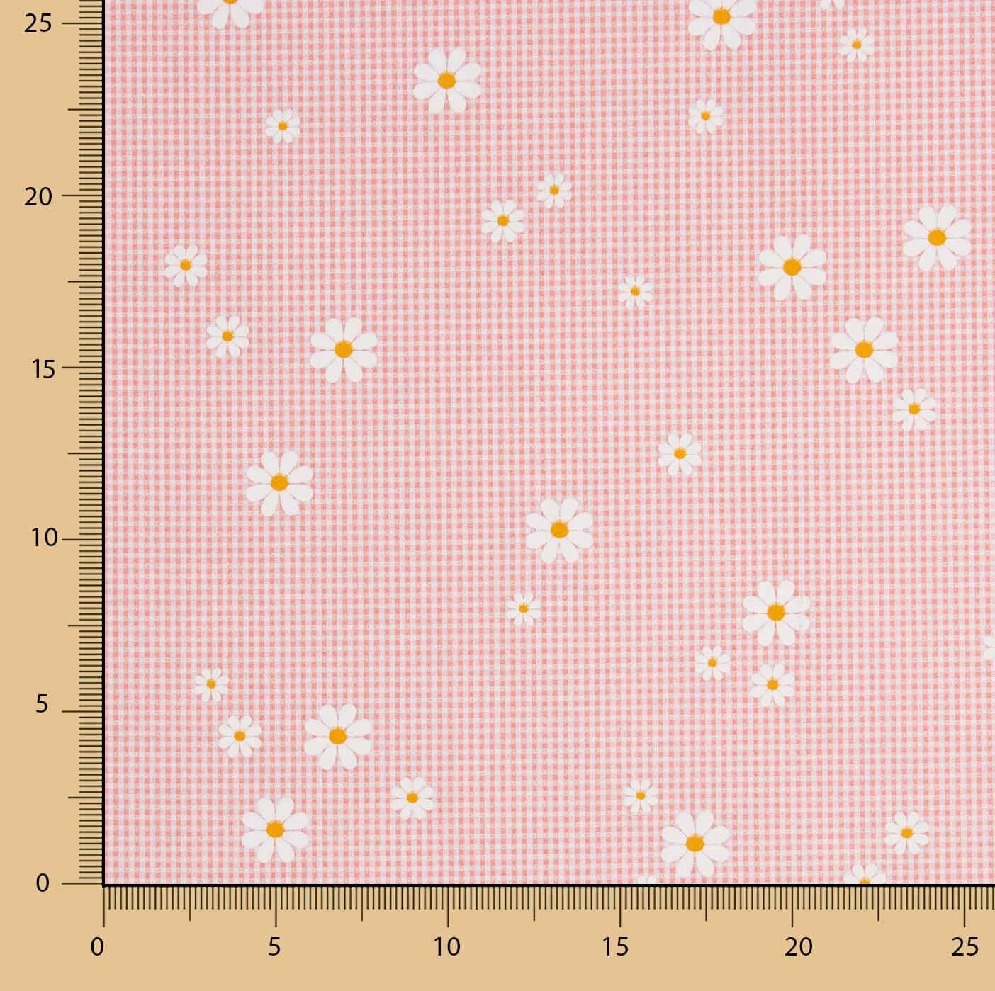 Popelín Algodón Orgánico Estampado Vichy y Margaritas Coral - Ribes y Casals