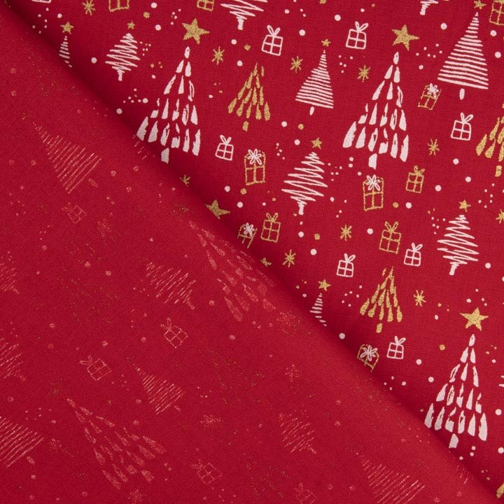 Popelín Estampado Bosque Navideño Rojo - Ribes y Casals
