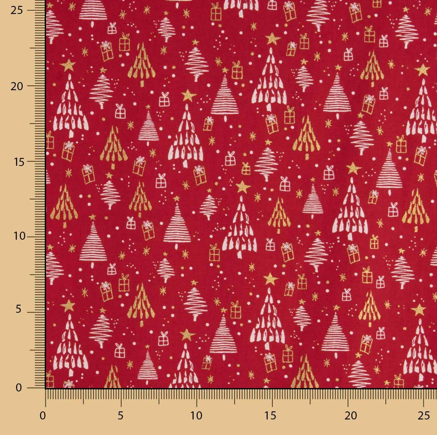 Popelín Estampado Bosque Navideño Rojo - Ribes y Casals