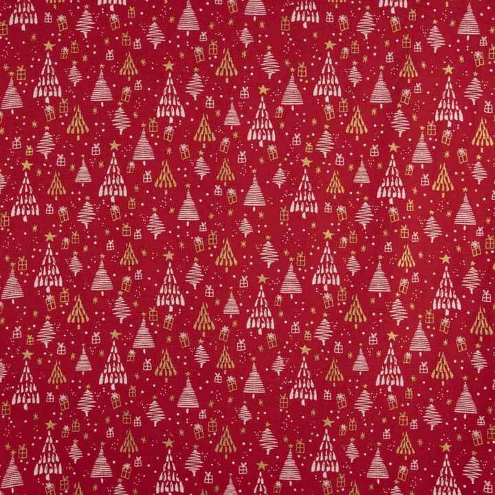 Popelín Estampado Bosque Navideño Rojo - Ribes y Casals