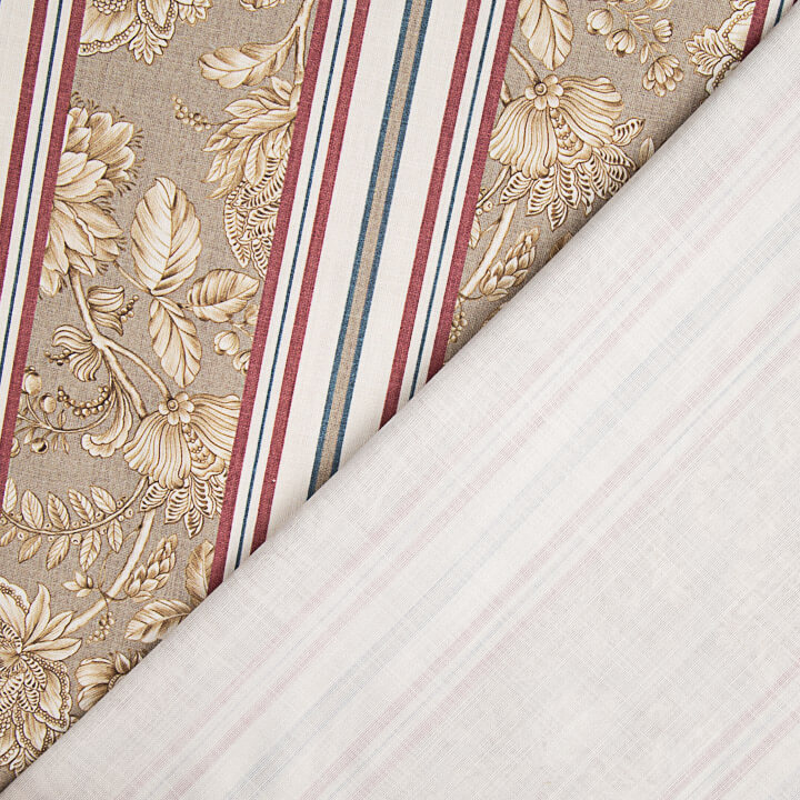 Loneta Efecto Lino Jardín Versalles Rayas Beige y Granate - Ribes y Casals