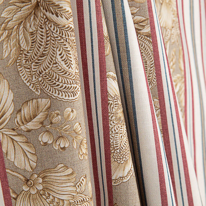 Loneta Efecto Lino Jardín Versalles Rayas Beige y Granate - Ribes y Casals