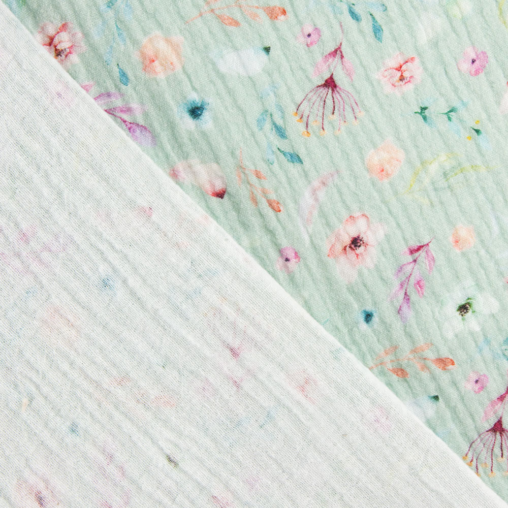 Muselina Algodón Flores Verde Mint - Ribes y Casals